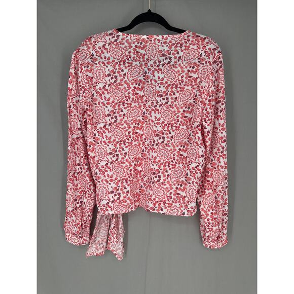 Gap Top Womens Small Red Floral Linen Wrap Long Sleeve Bohemian Cottage Boho - Picture 3 of 7